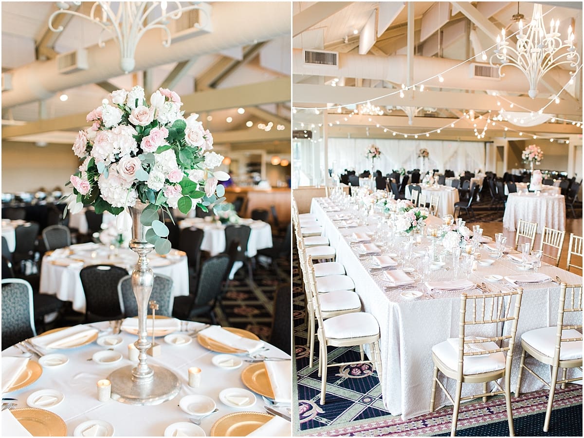 Arielle Peters Photography | Wedding reception table settings and floral arrangements on wedding day at Morris Park Country Club in South Bend, Indiana.