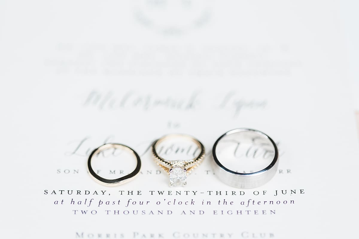 Arielle Peters Photography | Wedding rings lined on invitation on wedding day at Morris Park Country Club in South Bend, Indiana.