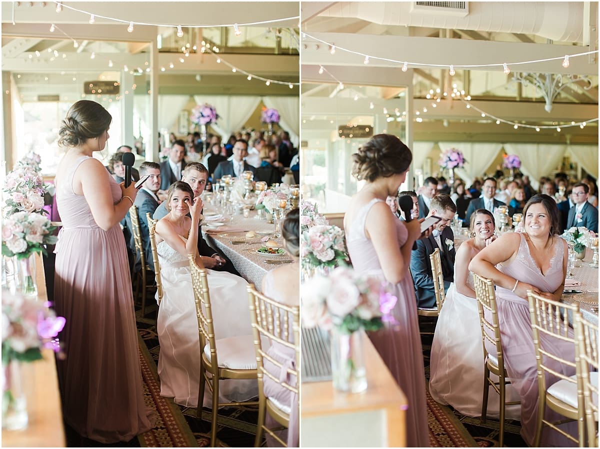 Arielle Peters Photography | Maid of honor giving speech at wedding reception on wedding day at Morris Park Country Club in South Bend, Indiana.