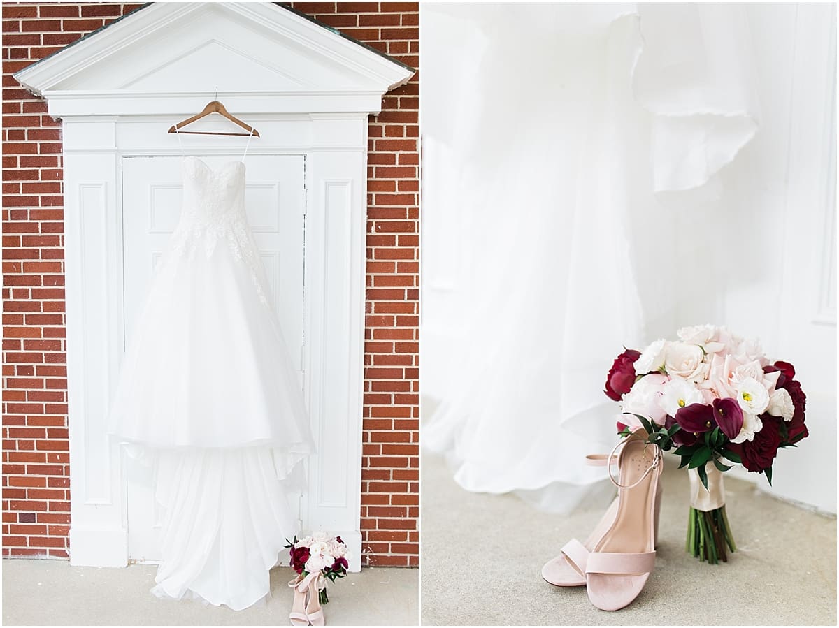 Arielle Peters Photography | Wedding dress hanging in doorway on wedding day at Trinity Church in South Bend, Indiana.
