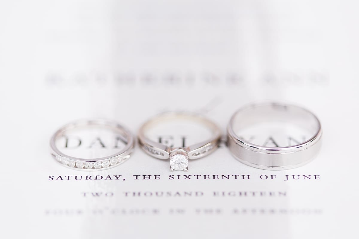 Arielle Peters Photography | Wedding rings on invitation on wedding day at Trinity Church in South Bend, Indiana.