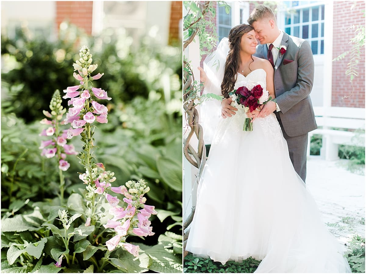 Arielle Peters Photography | Bride and groom under over-grown trellis on wedding day at Trinity Church in South Bend, Indiana.