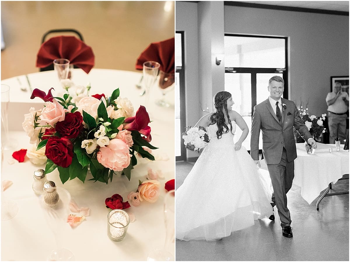 Arielle Peters Photography | Wedding reception table settings and floral arrangements at Sts. Peter and Paul Social Hall in South Bend, Indiana.