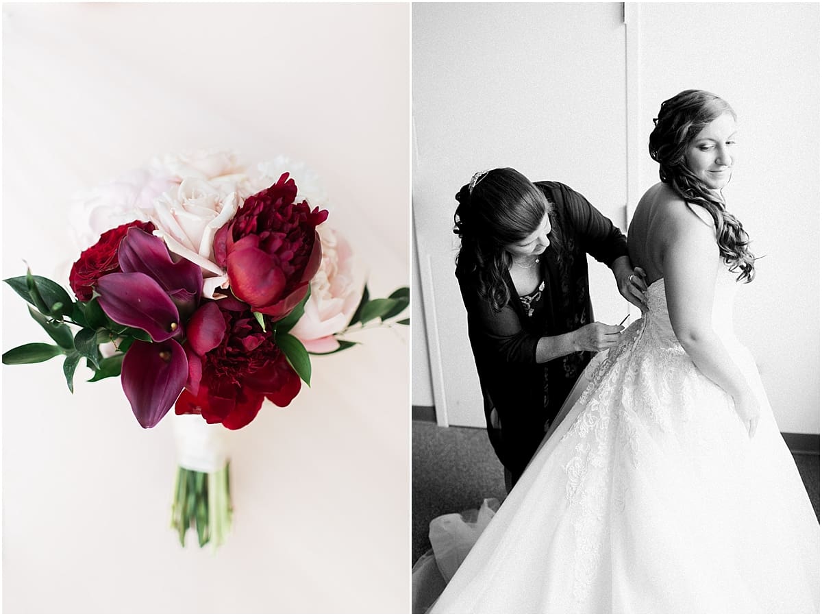 Arielle Peters Photography | Mother of the bride helping bride put on wedding dress on wedding day at Trinity Church in South Bend, Indiana.