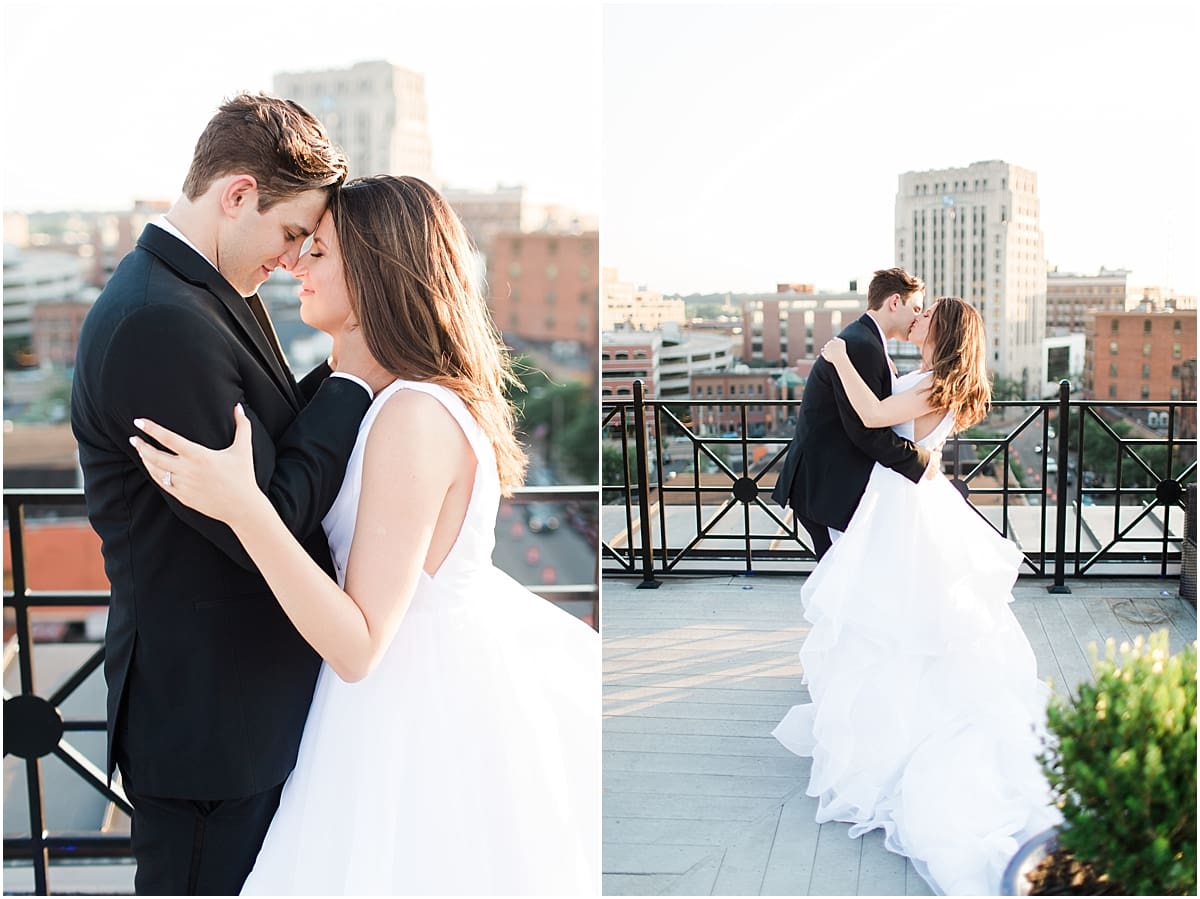 Arielle Peters Photography | Bride and groom almost kissing on rooftop terrace on wedding day at Loft 310 in Kalamazoo, Michigan.