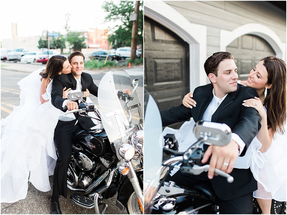 Arielle Peters Photography | Bride and groom on motorcycle on wedding day at Loft 310 in Kalamazoo, Michigan.