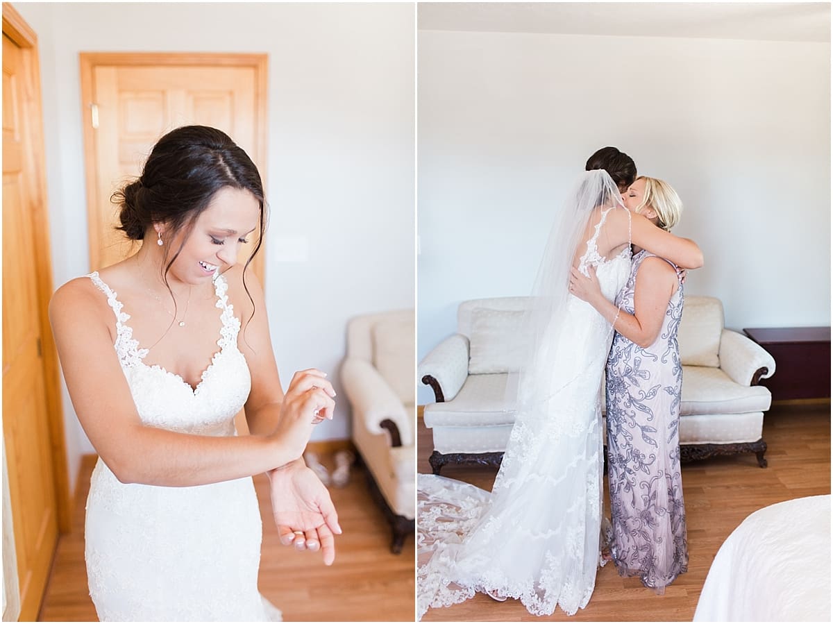 Arielle Peters Photography | Mother of the bride and bride hugging on wedding day at St. Joe Farm in Granger, Indiana.