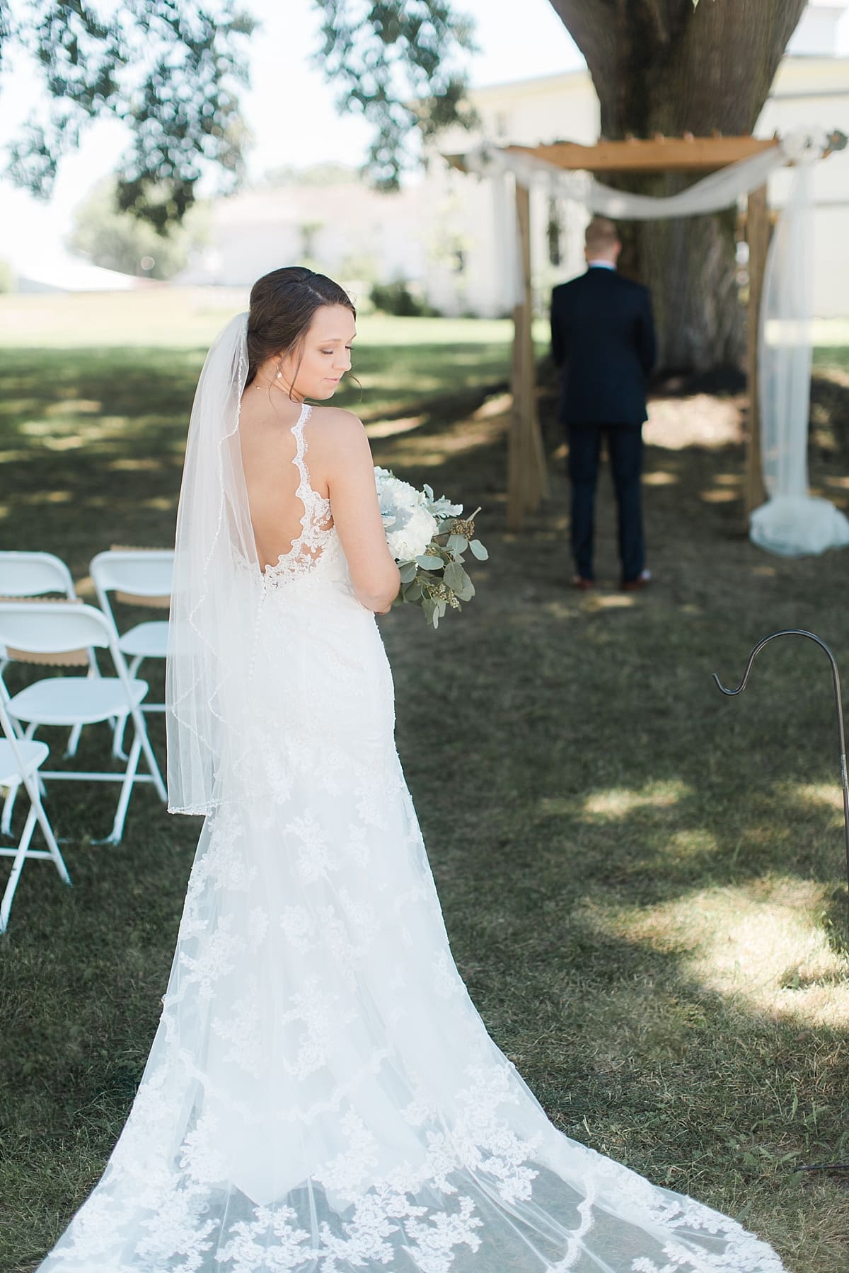 Arielle Peters Photography | Bride and groom having first reveal on wedding day at St. Joe Farm in Granger, Indiana.