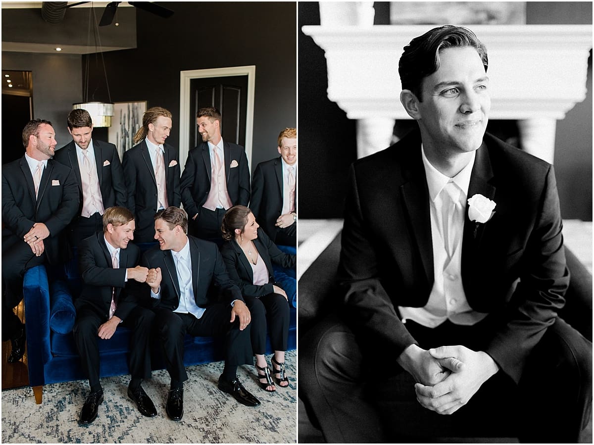 Arielle Peters Photography | Groom and groomsmen sitting on velvet couch on wedding day at Loft 310 in Kalamazoo, Michigan.