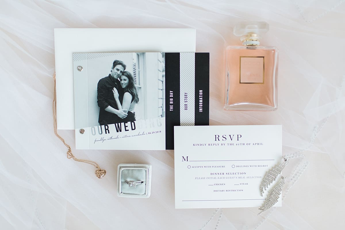 Arielle Peters Photography | Wedding invitation and perfume on wedding day at Loft 310 in Kalamazoo, Michigan.