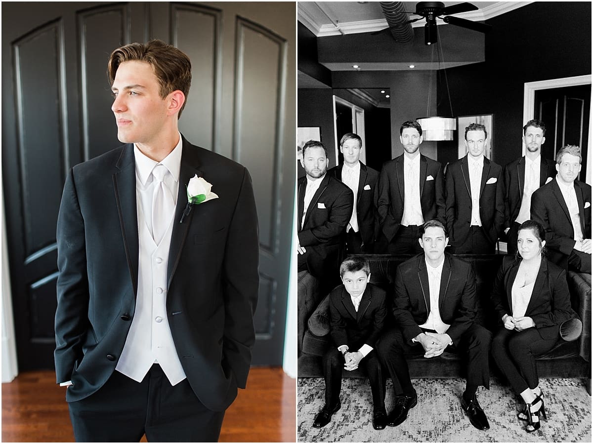 Arielle Peters Photography | Groom and groomsmen on velvet couch on wedding day at Loft 310 in Kalamazoo, Michigan.