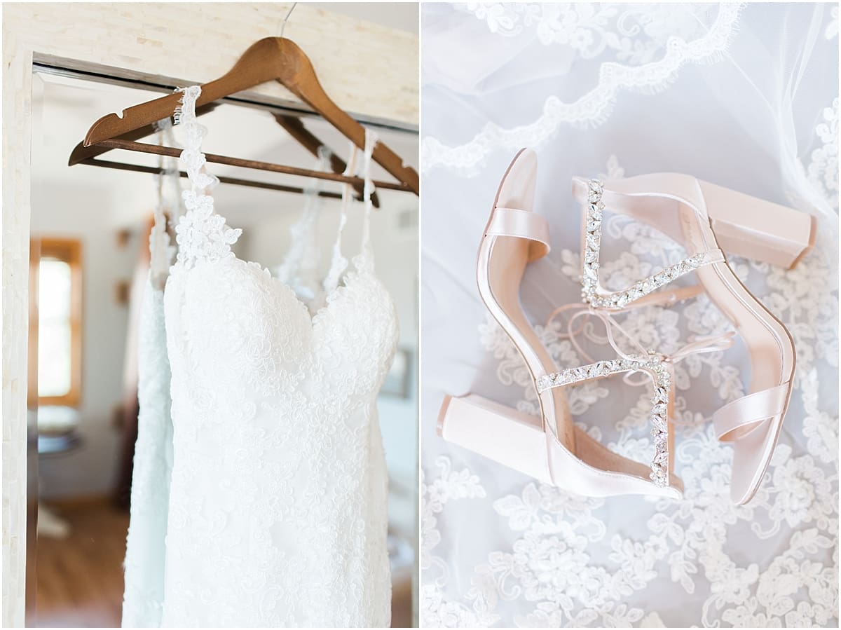Arielle Peters Photography | Wedding dress and shoes hanging at St. Joe Farm in Granger, Indiana on summer wedding day.