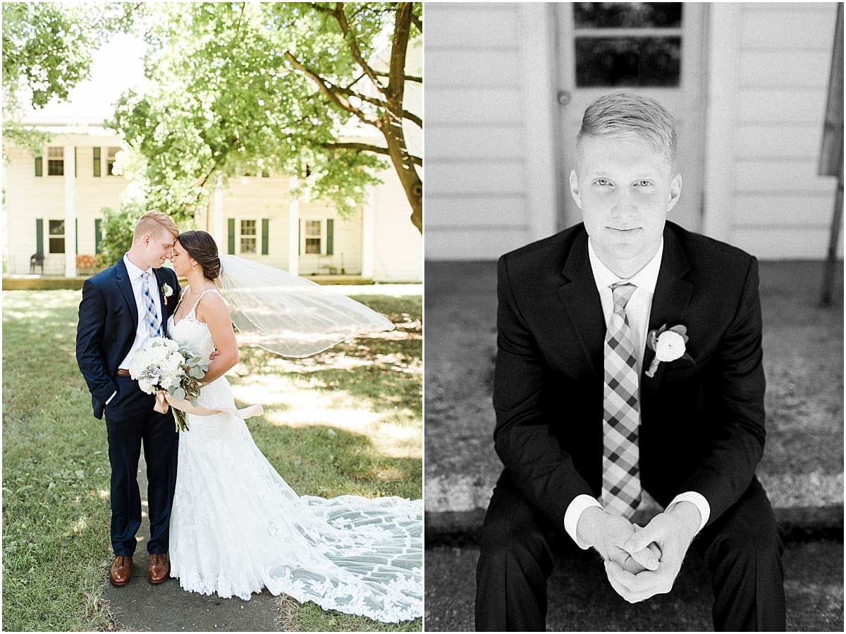 Arielle Peters Photography | Bride and groom in front of historic front porch on wedding day at St. Joe Farm in Granger, Indiana.
