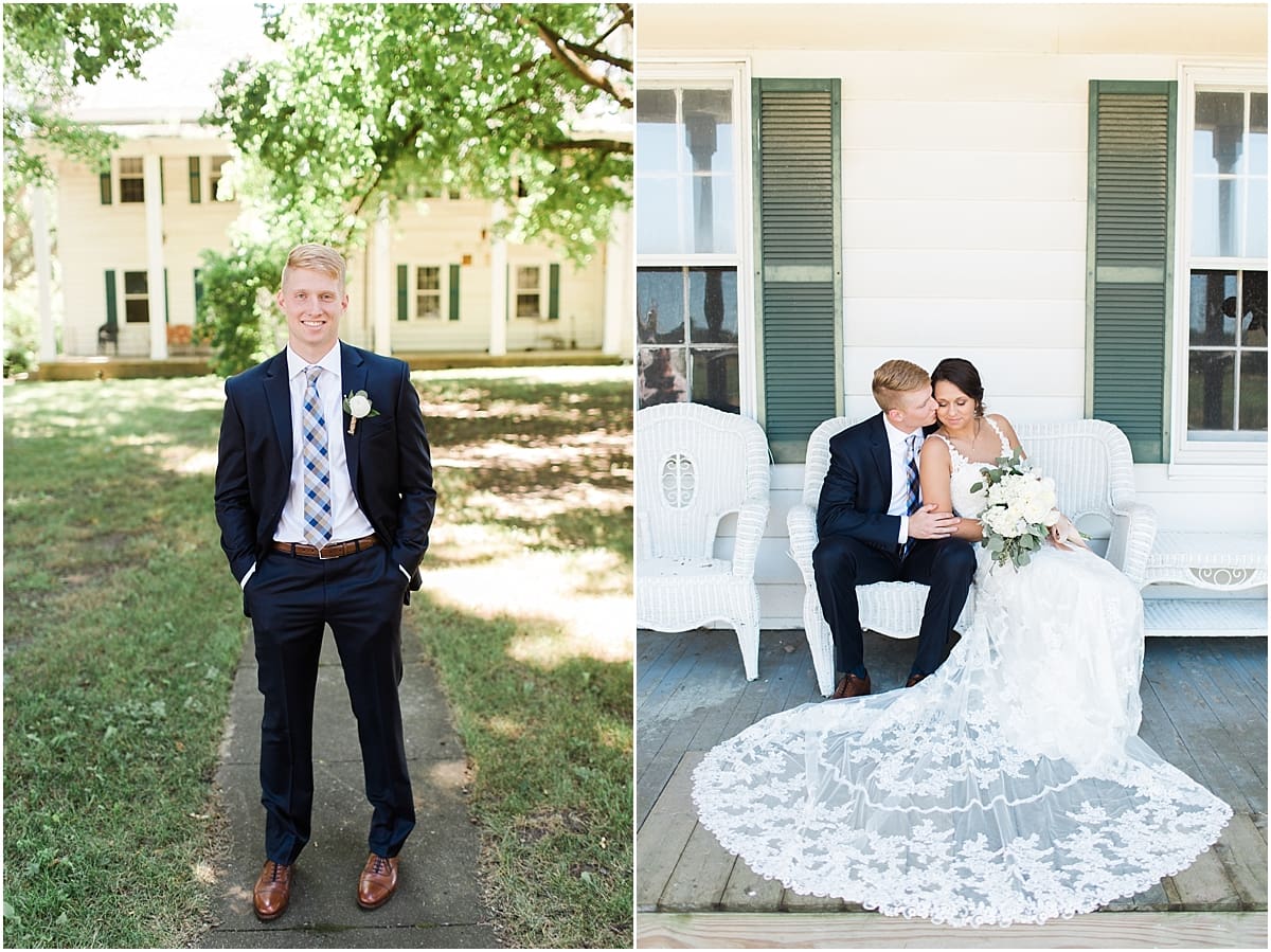 Arielle Peters Photography | Bride and groom kissing on historic front porch on wedding day at St. Joe Farm in Granger, Indiana.