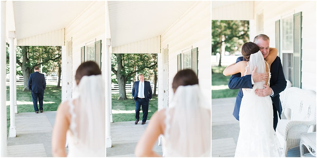 Arielle Peters Photography | Father of the bride and bride having first reveal on historic farm on wedding day at St. Joe Farm in Granger, Indiana.