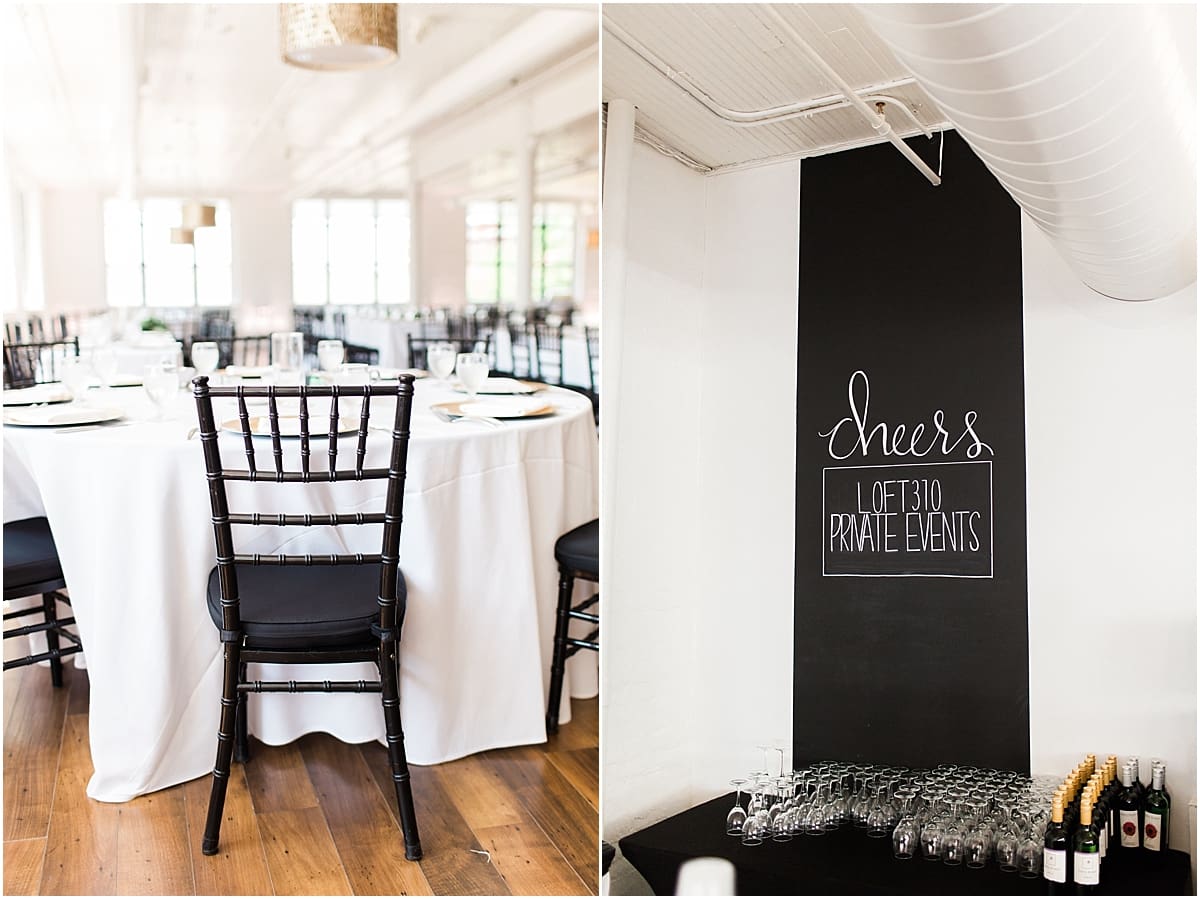 Arielle Peters Photography | Wedding reception table settings and floral arrangements on wedding day at Loft 310 in Kalamazoo, Michigan.