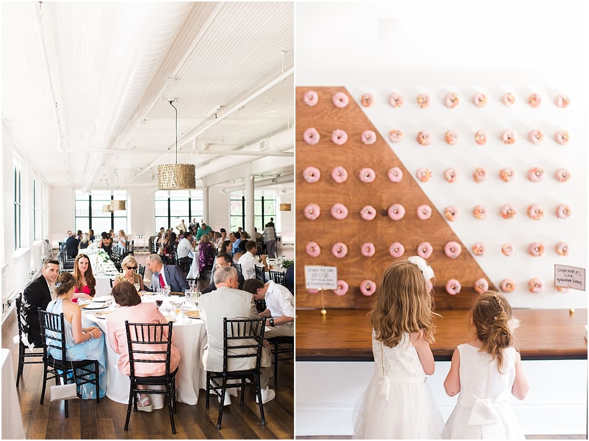 Arielle Peters Photography | Wedding reception table settings and donut station on wedding day at Loft 310 in Kalamazoo, Michigan.