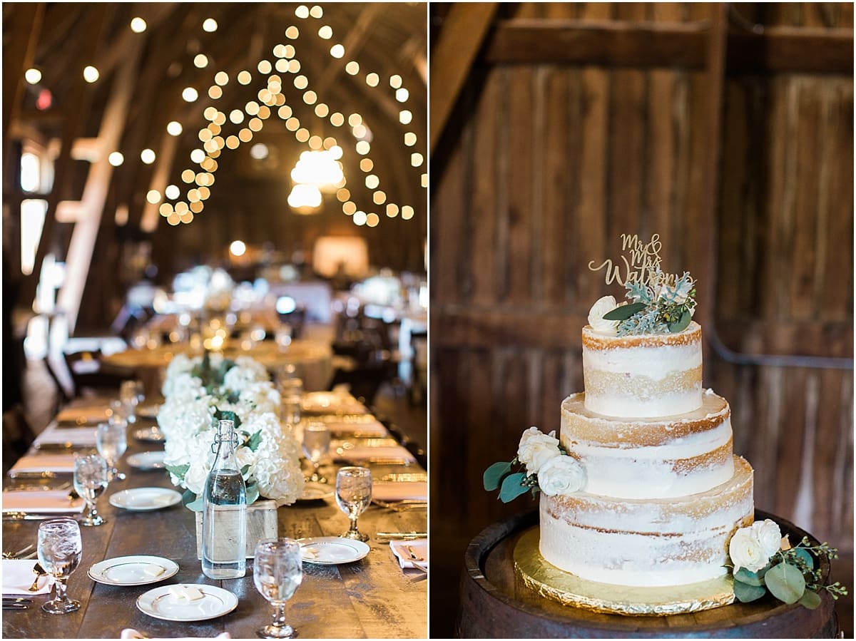 Arielle Peters Photography | Wedding reception table settings and floral arrangements inside historic barn on wedding day at St. Joe Farm in Granger, Indiana.