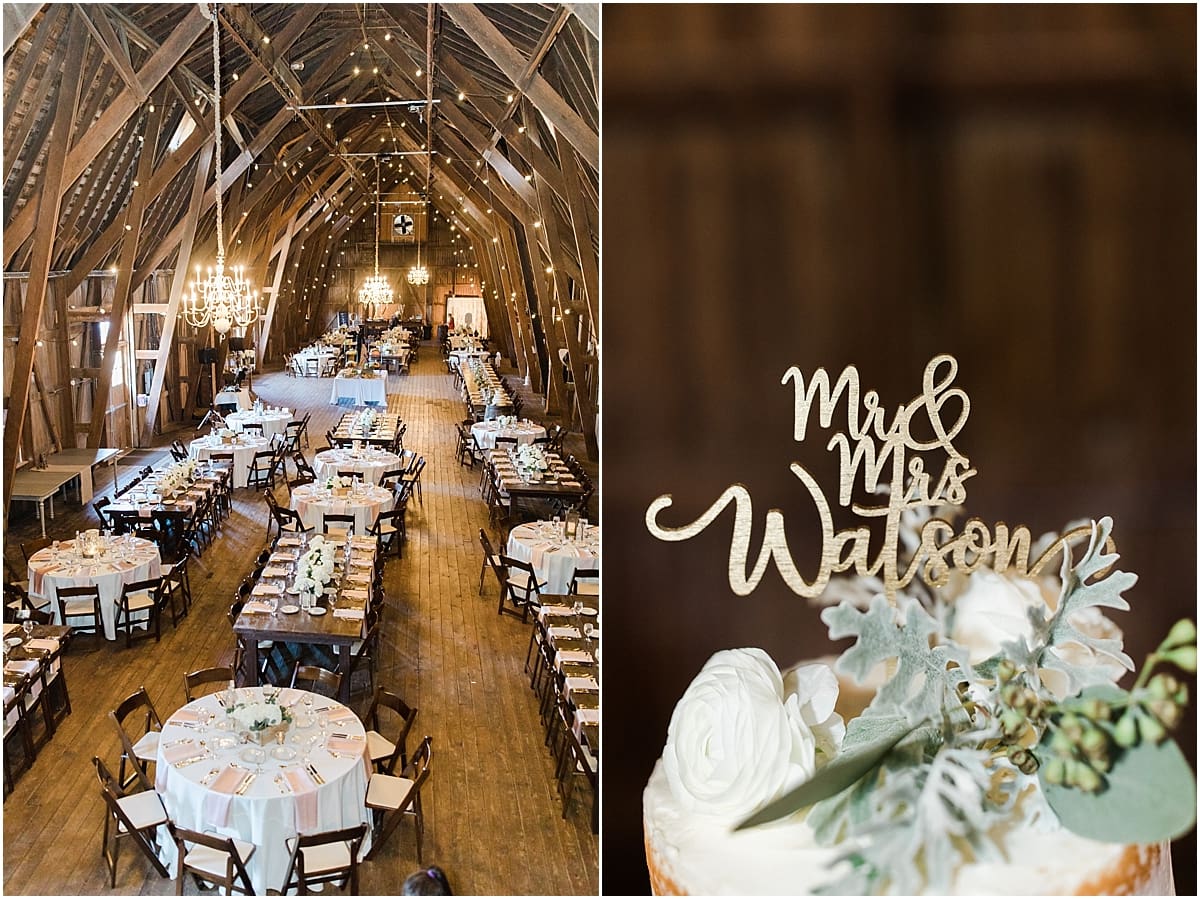 Arielle Peters Photography | Wedding reception table settings and floral arrangements inside historic barn on wedding day at St. Joe Farm in Granger, Indiana.