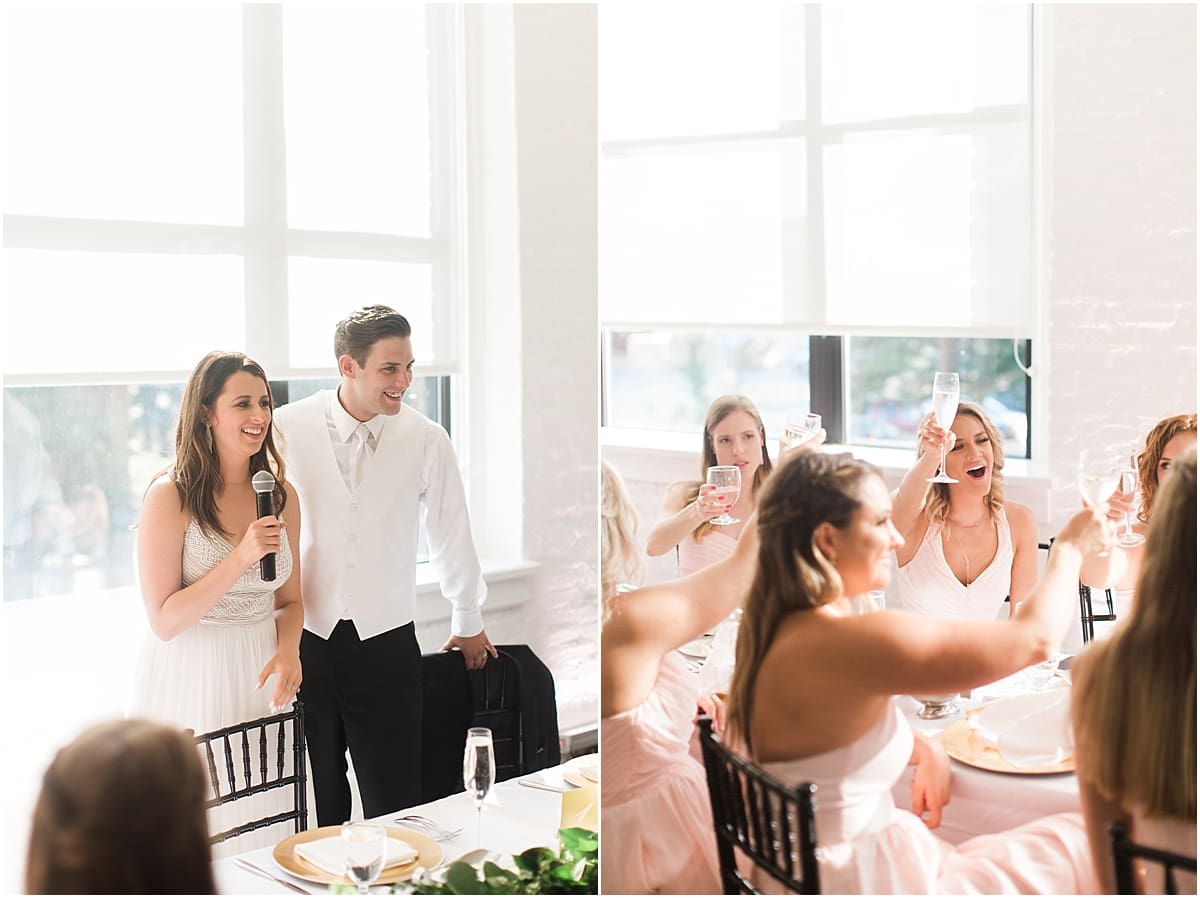 Arielle Peters Photography | Wedding guests cheering at wedding reception on wedding day at Loft 310 in Kalamazoo, Michigan.