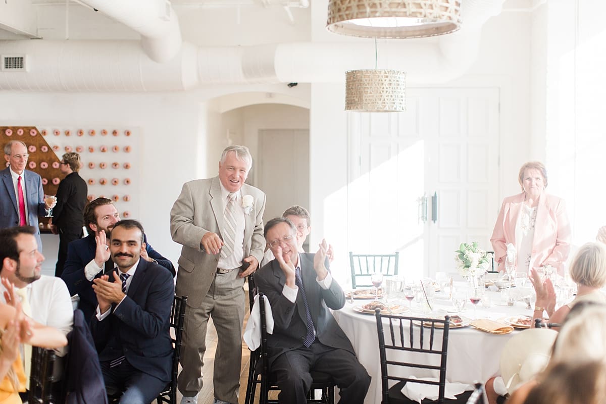 Arielle Peters Photography | Wedding guests clapping at wedding reception on wedding day at Loft 310 in Kalamazoo, Michigan.