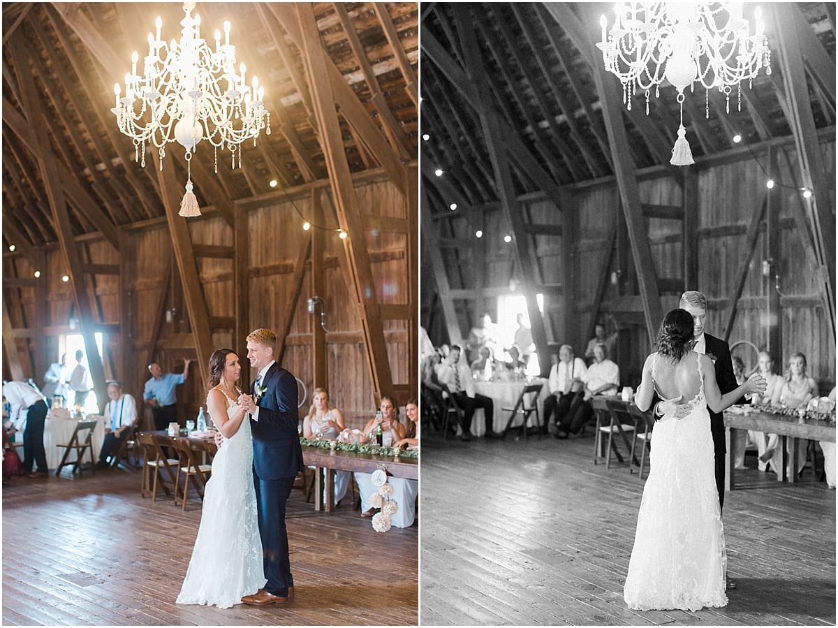 Arielle Peters Photography | Bride and groom sharing first dance inside historic barn on wedding day at St. Joe Farm in Granger, Indiana.