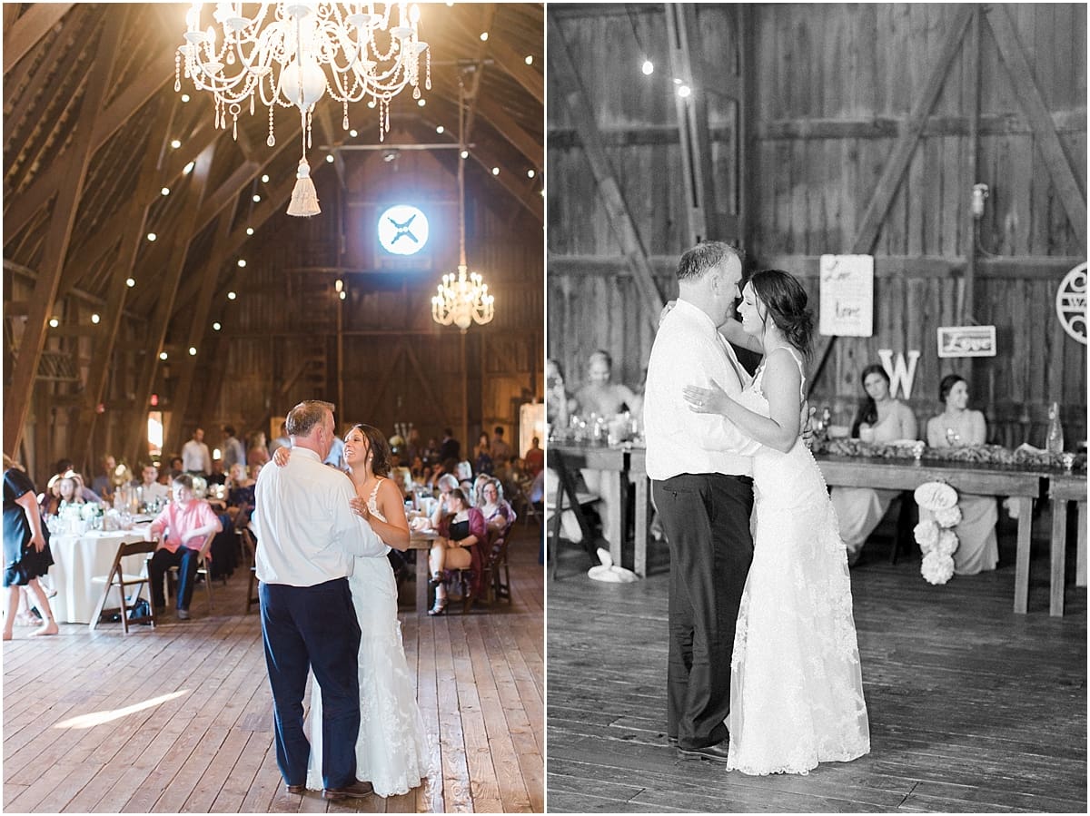 Arielle Peters Photography | Father of the bride and bride sharing a dance inside historic barn on wedding day at St. Joe Farm in Granger, Indiana.