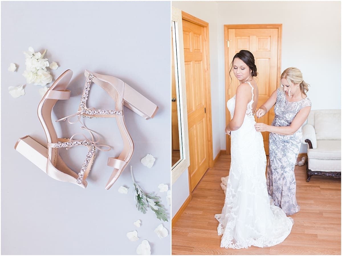 Arielle Peters Photography | Mother of the bride helping bride get ready on wedding day at St. Joe Farm in Granger, Indiana.