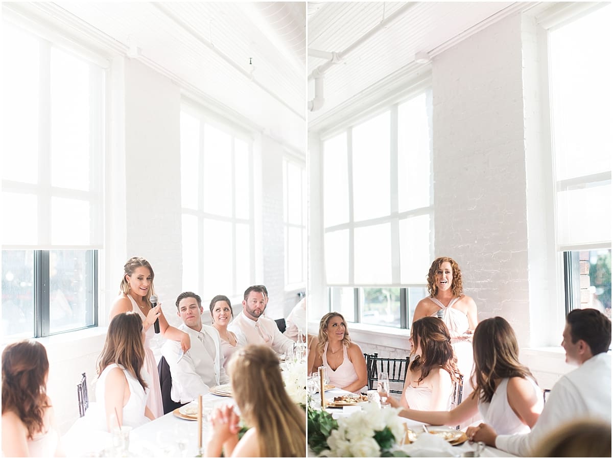Arielle Peters Photography | Maid of honor giving speech at wedding reception on wedding day at Loft 310 in Kalamazoo, Michigan.