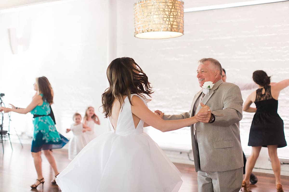 Arielle Peters Photography | Father of bride and bride swing dancing at wedding reception on wedding day at Loft 310 in Kalamazoo, Michigan.