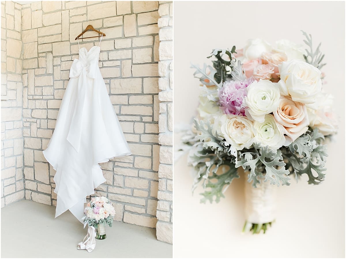 Arielle Peters Photography | Wedding gown hanging on brick wall at The Inn at Harbor Springs in St. Joseph, Michigan on wedding day.