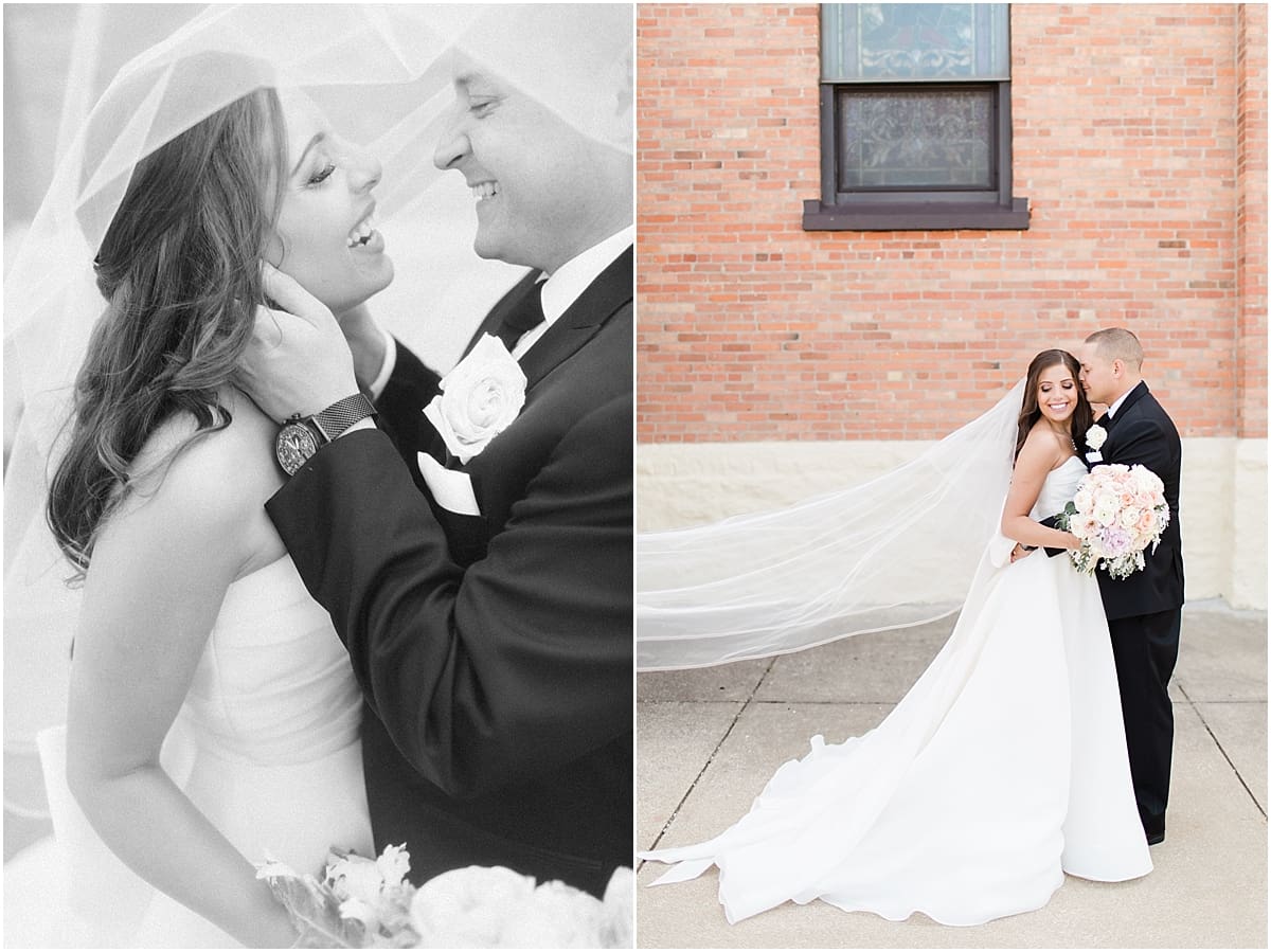 Arielle Peters Photography | Bride and groom smiling under veil on summer wedding day at The Inn at Harbor Springs in St. Joseph, Michigan.