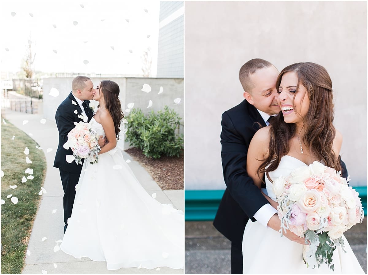 Arielle Peters Photography | Bride and groom laughing on summer wedding day at The Inn at Harbor Springs in St. Joseph, Michigan.