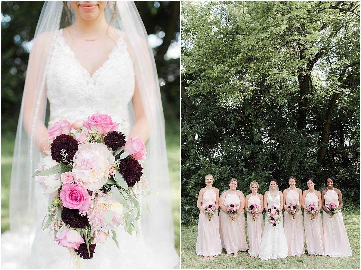 Arielle Peters Photography | Bride and bridesmaids holding bouquets outside on wedding day at Newlife Community Church in Chicago, Illinois.