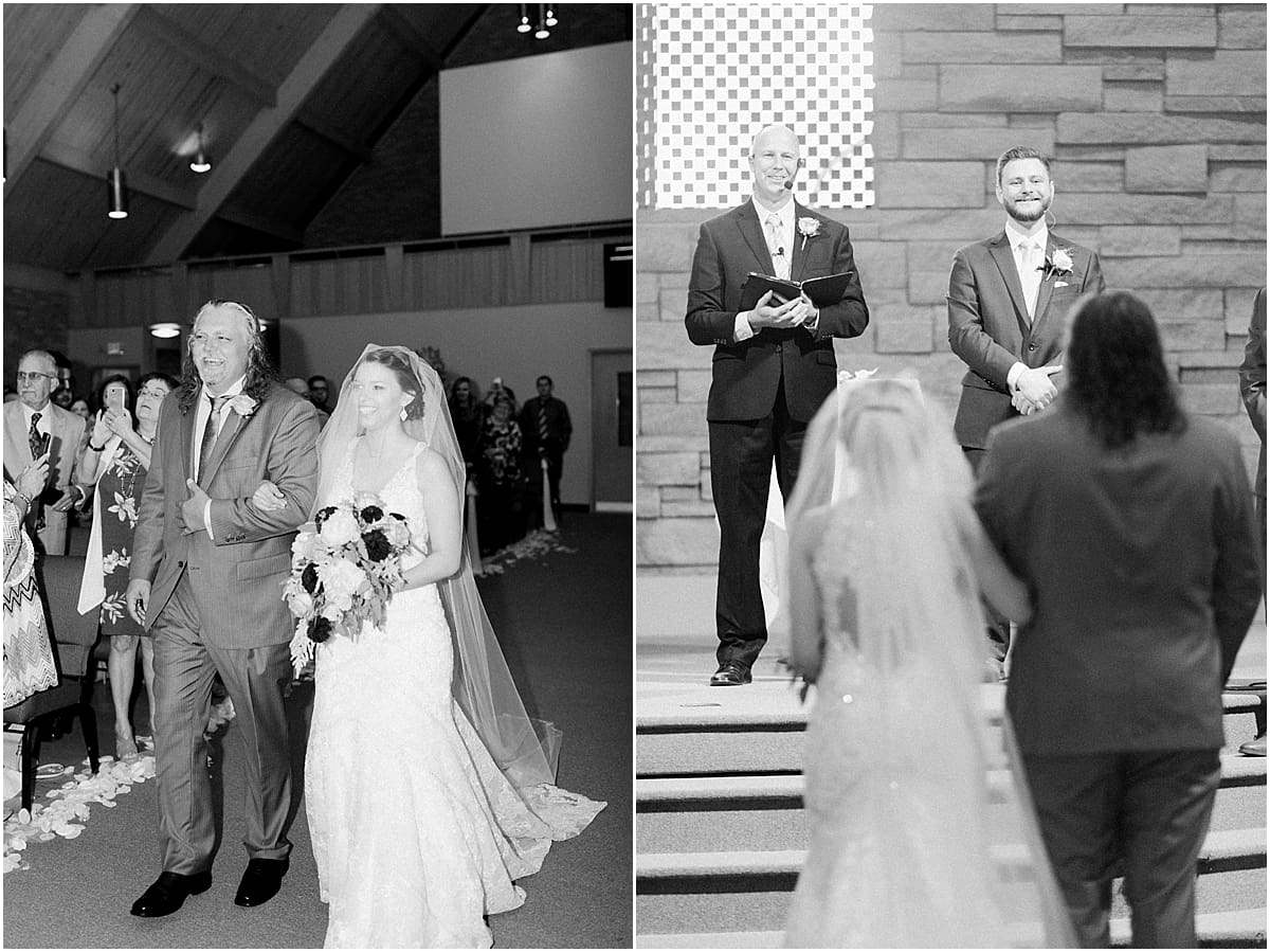 Arielle Peters Photography | Father of the bride walking the bride down the aisle on wedding day at Newlife Community Church in Chicago, Illinois.