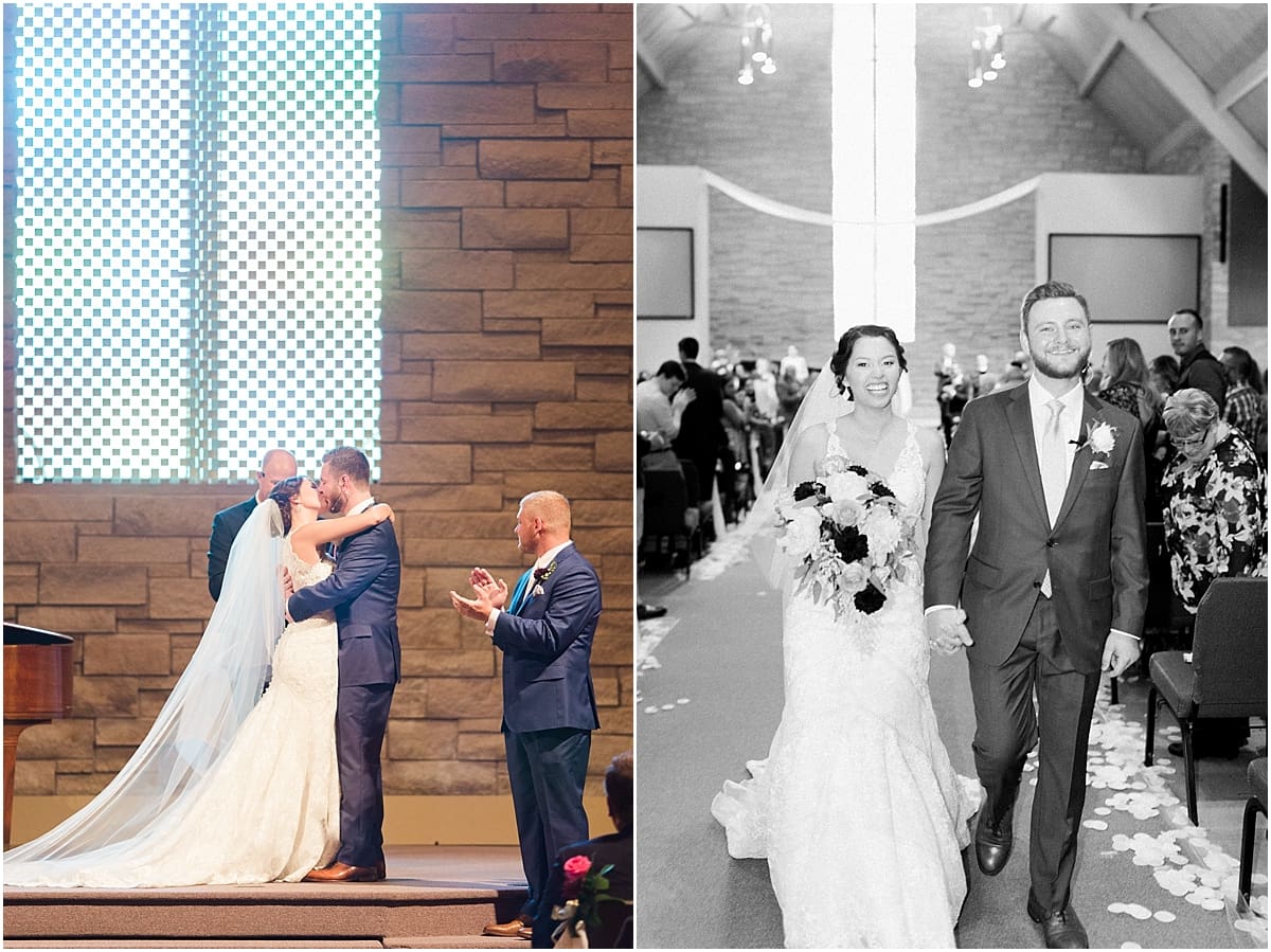 Arielle Peters Photography | Bride and groom kissing at the alter on wedding day at Newlife Community Church in Chicago, Illinois.