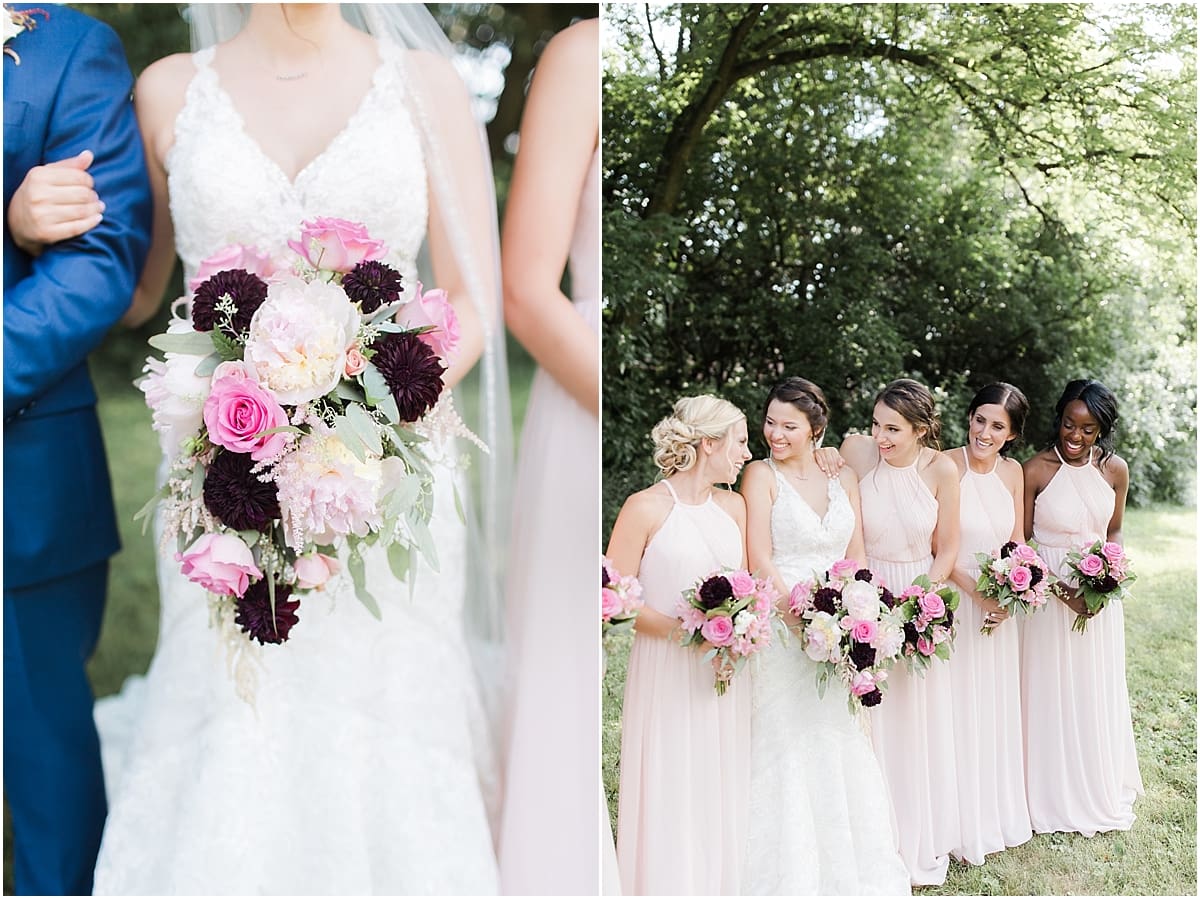 Arielle Peters Photography | Bride and bridesmaids walking in open field on wedding day at Newlife Community Church in Chicago, Illinois.