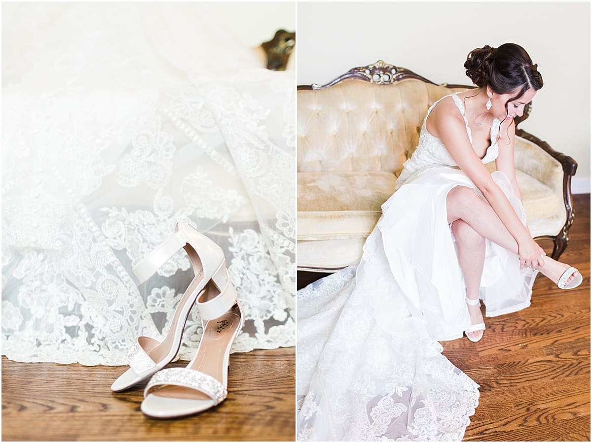 Arielle Peters Photography | Bride putting on wedding day shoes on wedding day at Newlife Community Church in Chicago, Illinois.