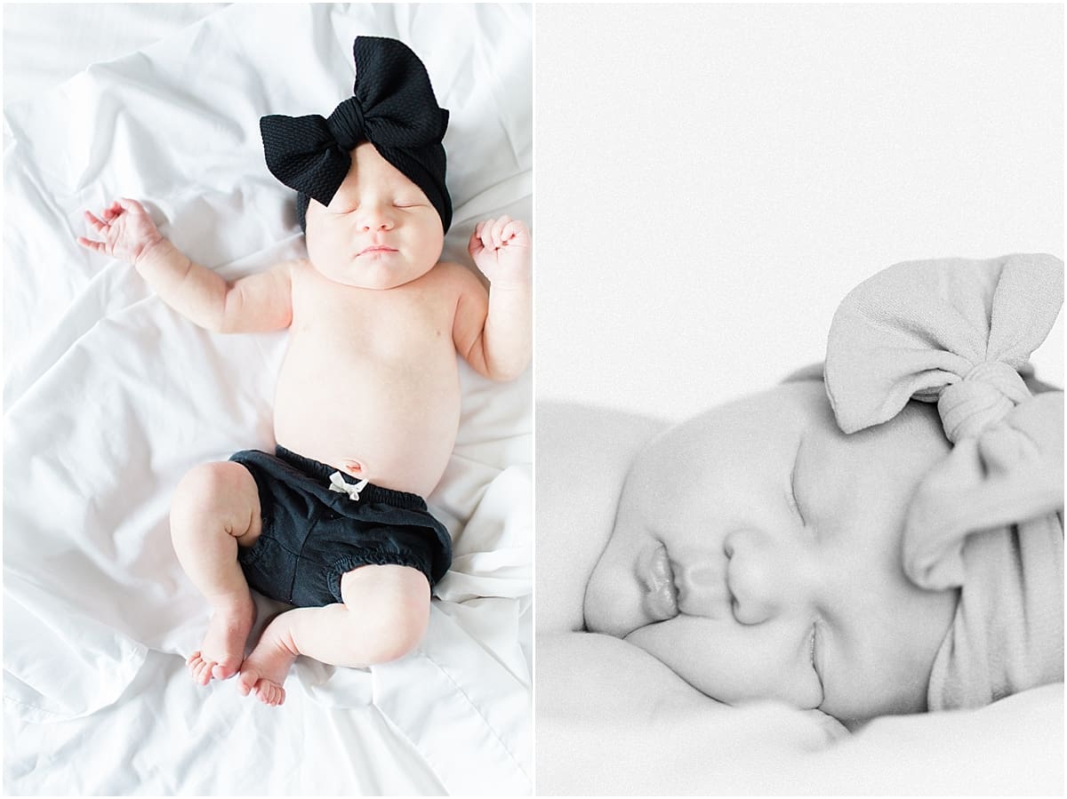 Arielle Peters Photography | Newborn baby girl wearing a bow in one month photos.