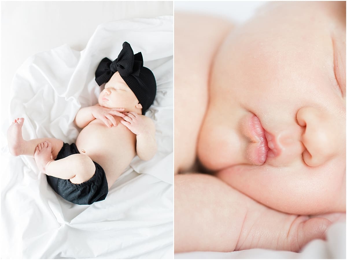 Arielle Peters Photography | Newborn baby girl wearing a bow in one month photos.