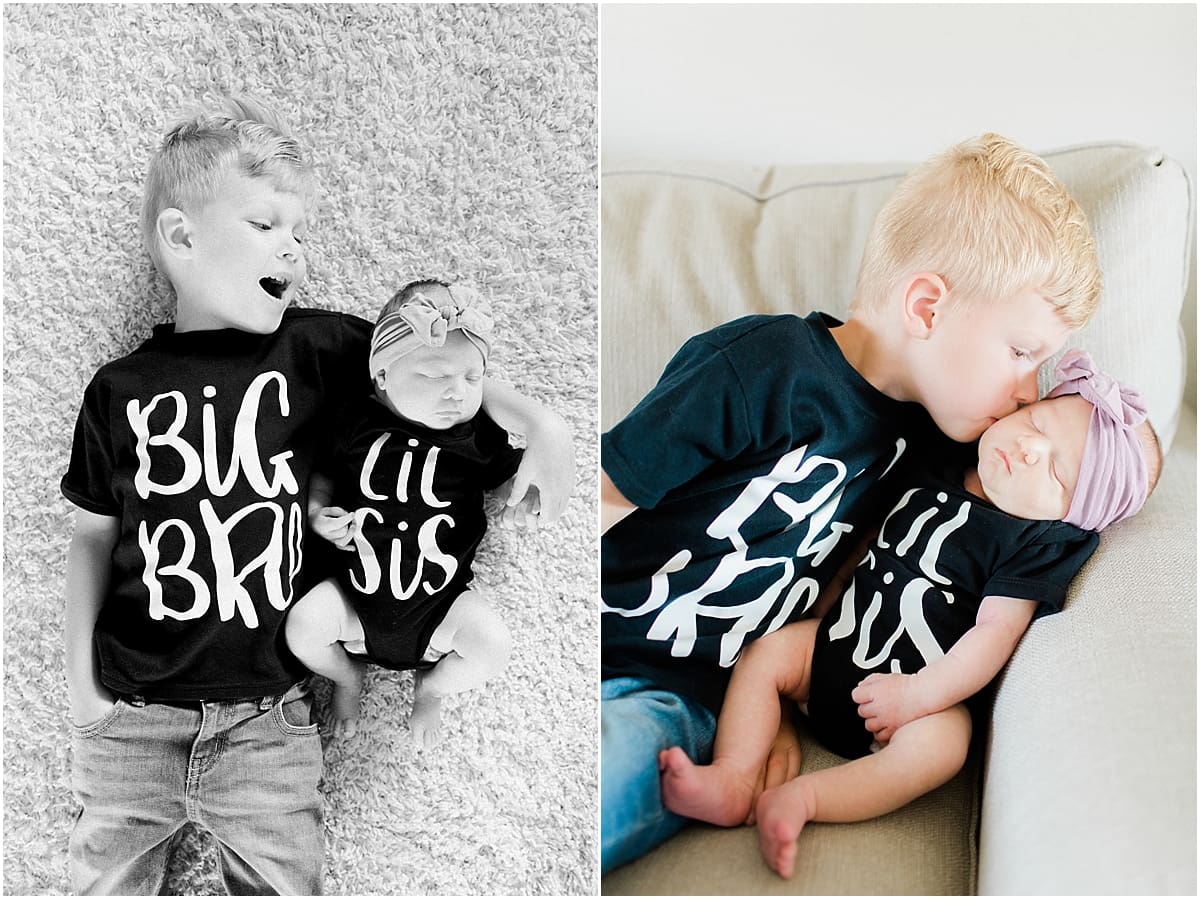Arielle Peters Photography | Big brother posing with his newborn baby sister in matching t-shirts. 
