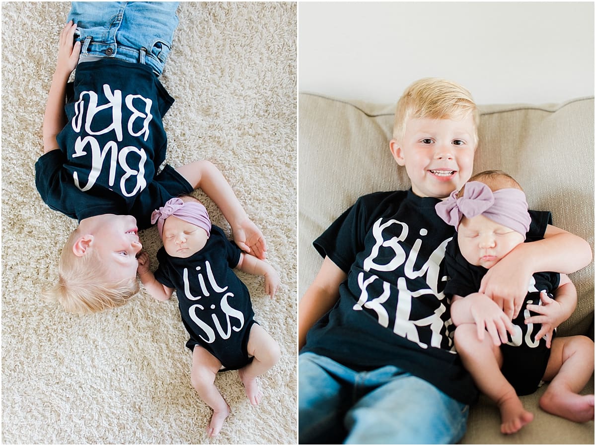 Arielle Peters Photography | Big brother posing with his newborn baby sister in matching t-shirts. 
