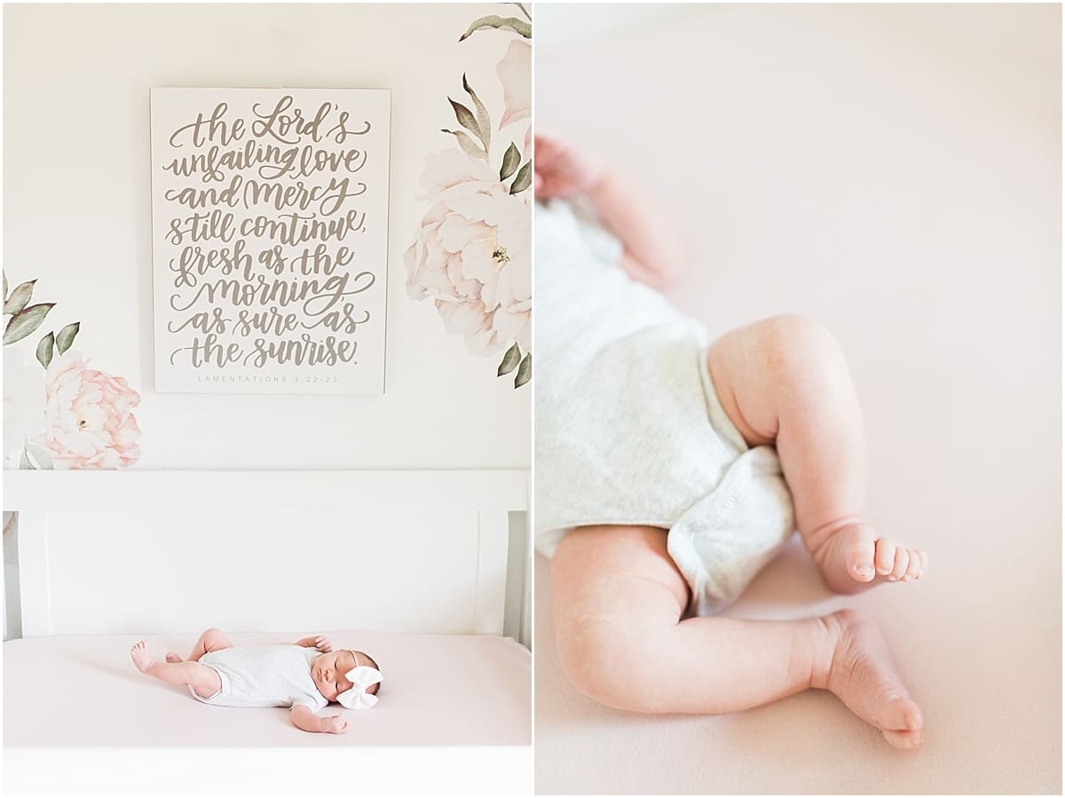 Arielle Peters Photography | Newborn baby girl wearing bow in one month photos.