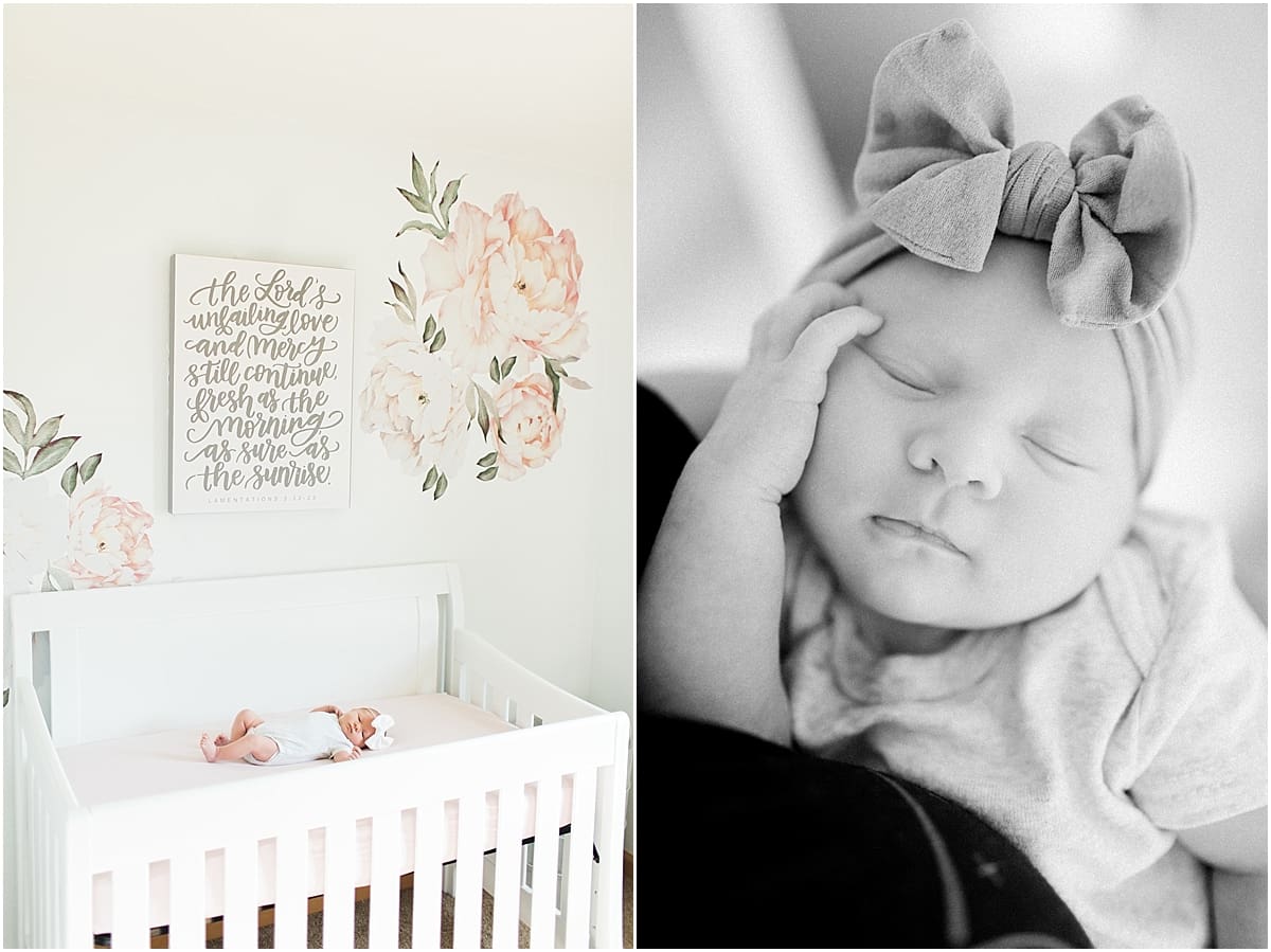 Arielle Peters Photography | Newborn baby girl wearing bow in one month photos.