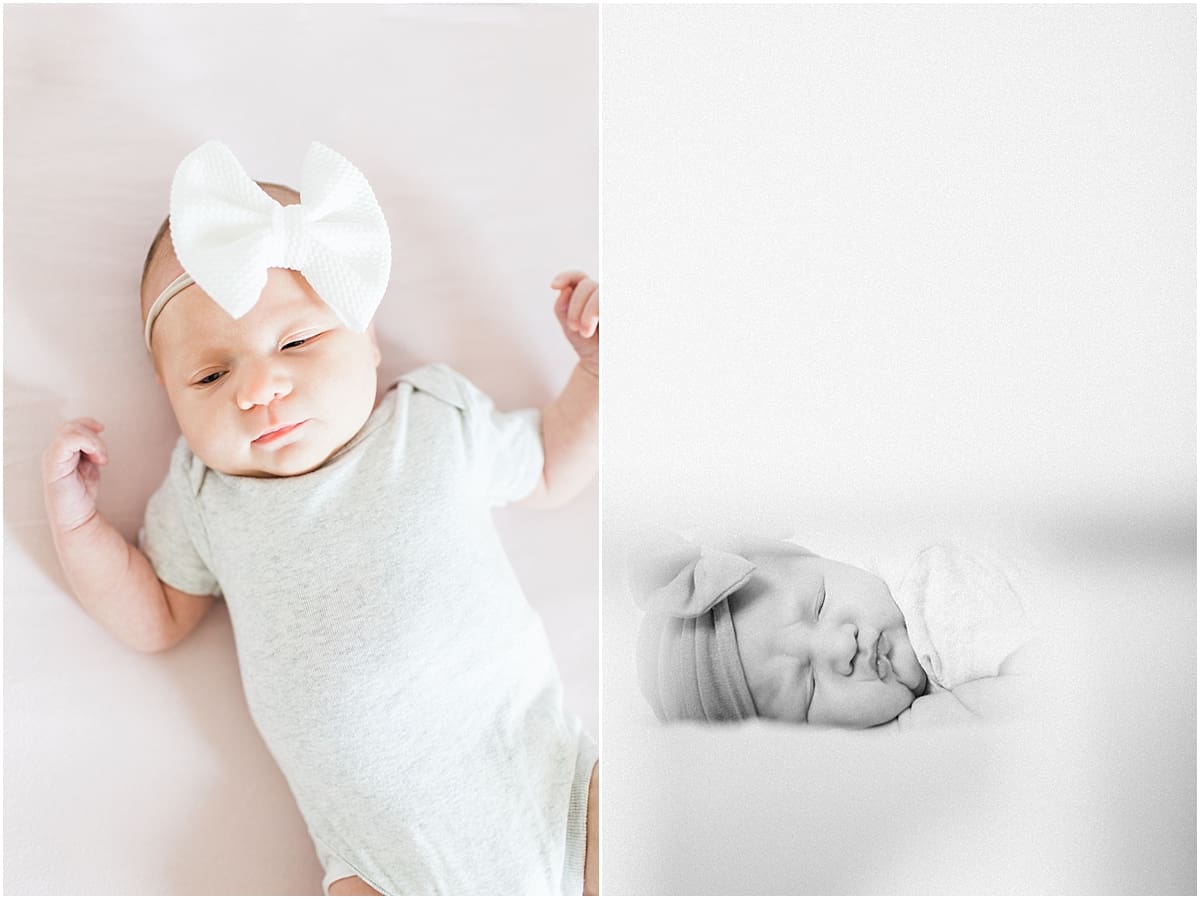 Arielle Peters Photography | Newborn baby girl wearing bow in one month photos.