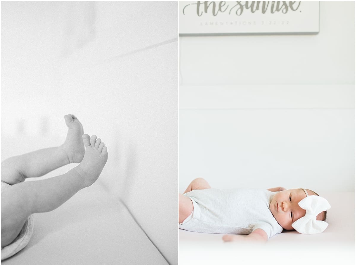 Arielle Peters Photography | Newborn baby girl wearing bow in one month photos.