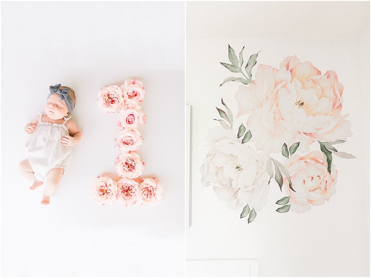 Arielle Peters Photography | Newborn baby girl next to floral one for her one month photos. 