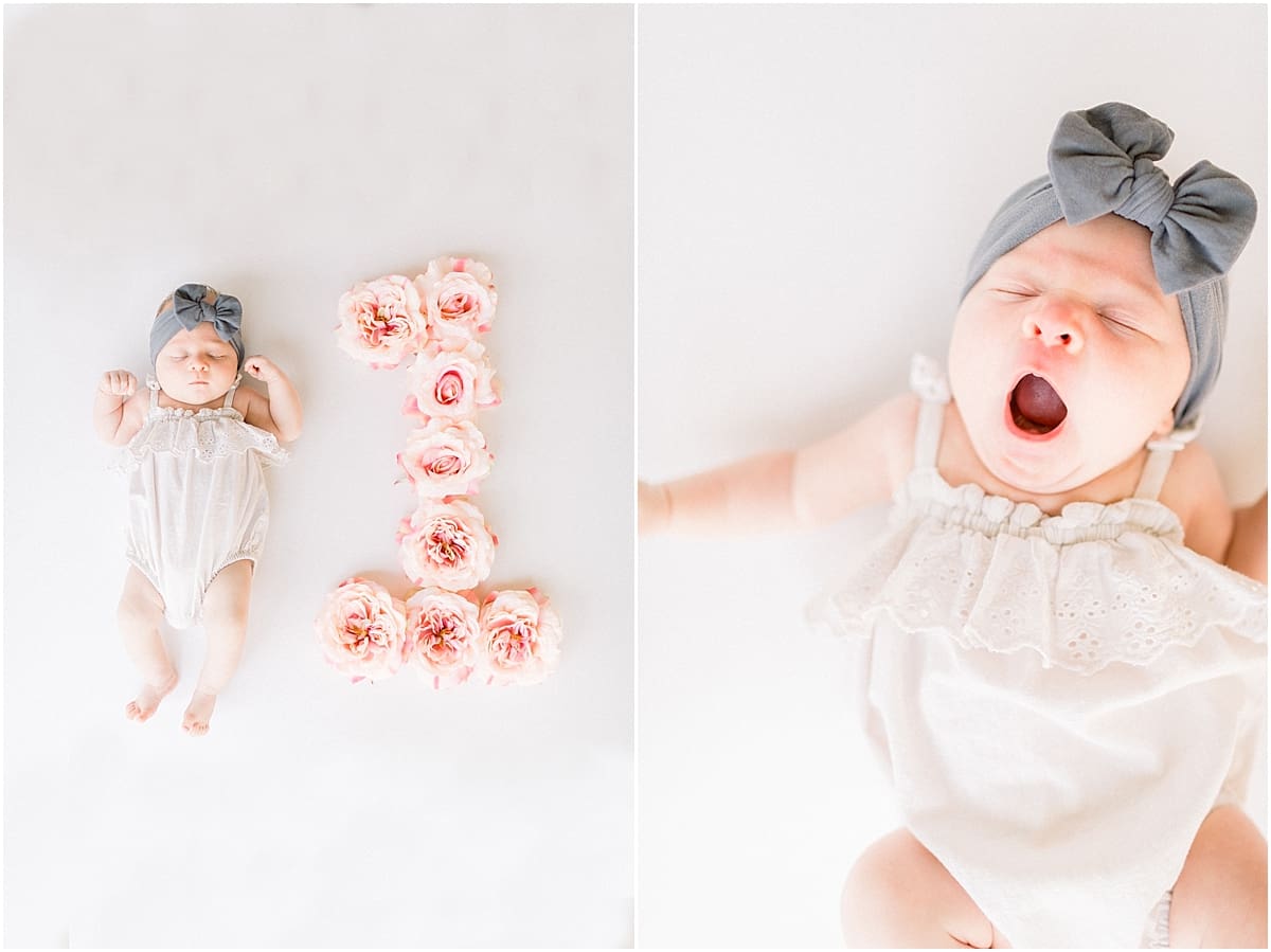 Arielle Peters Photography | Newborn baby girl yawning in a bow during one month photos. 