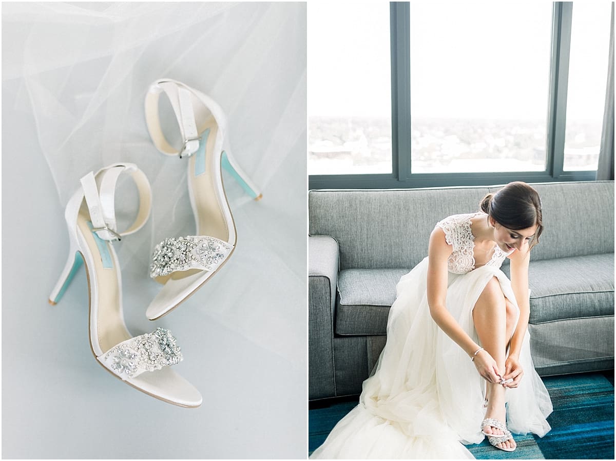 Arielle Peters Photography | Bride putting on her wedding shoes and gown at The Blue Heron at Blackthorn in South Bend, Indiana on wedding day.