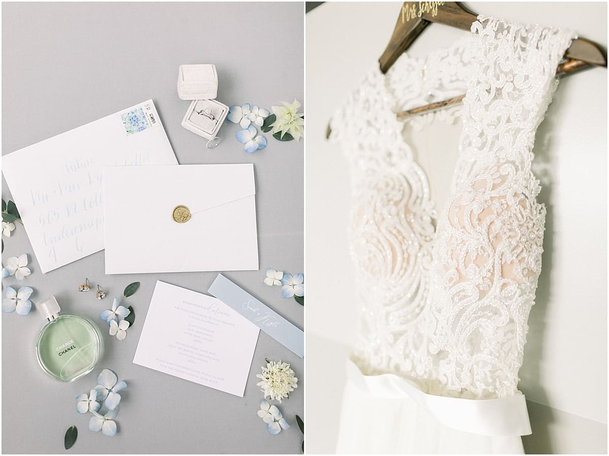 Arielle Peters Photography | Wedding gown hanging The Blue Heron at Blackthorn in South Bend, Indiana on wedding day.